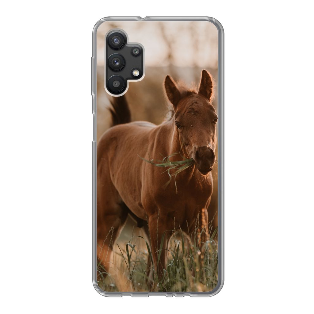 MuchoWow Handyhülle Schutzhülle Hülle für Samsung Galaxy A32 5G Pferd - Sonne - Gras Silikon Softcase Handy Hülle - Softcase