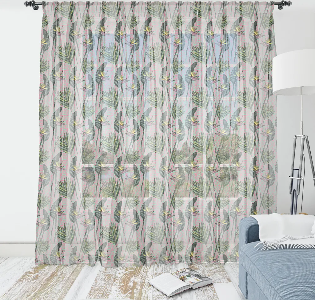 Grande tenture murale jungle en satin soyeux motif exotique rose et vert