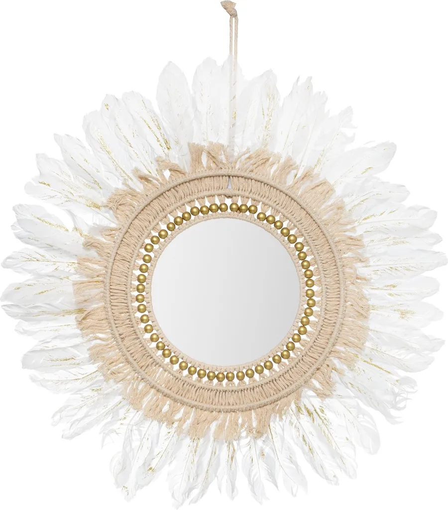 Miroir décoratif 50 x 50 cm blanc style boho avec plumes véritables