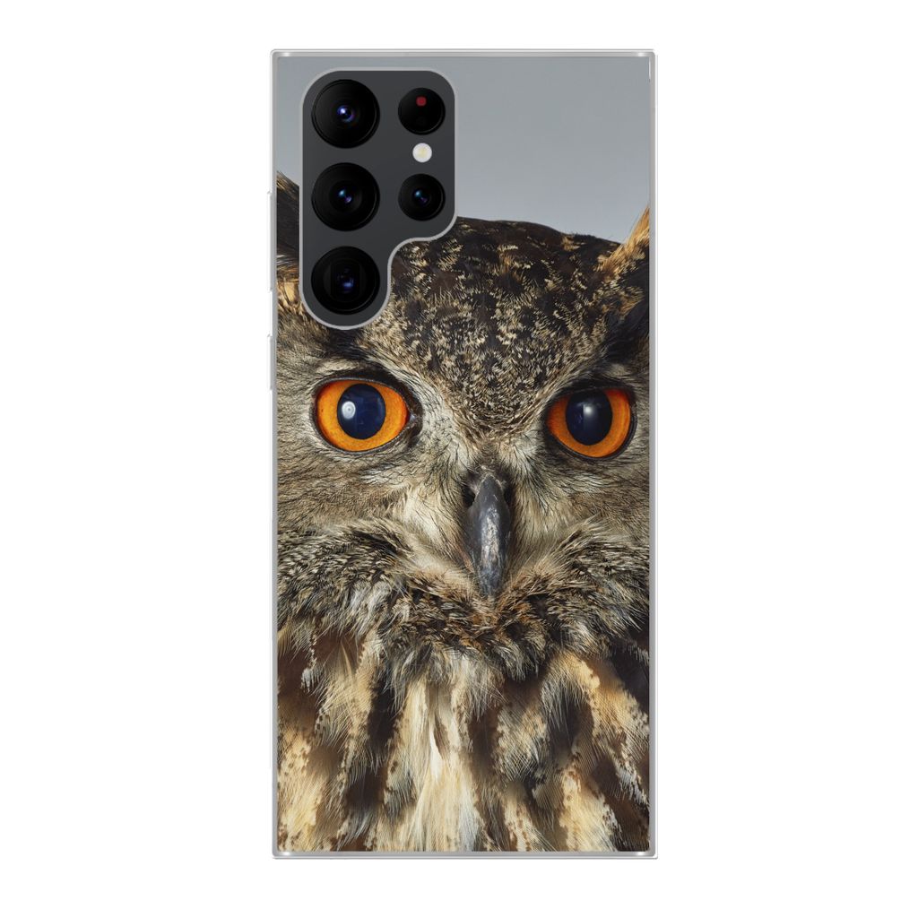 MuchoWow Handyhülle Schutzhülle Hülle für Samsung Galaxy S22 Ultra Braune Eule mit hellblauem Hintergrund Silikon Softcase Handy Hülle - Abb...