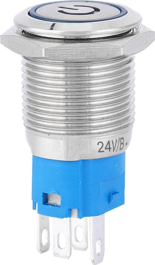 Blauer LED-Druckknopfring aus Metall mit flachem, rundem Kopf und Selbstrückstellungsfunktion sowie Stromsymbol, 16 mm (24 V)