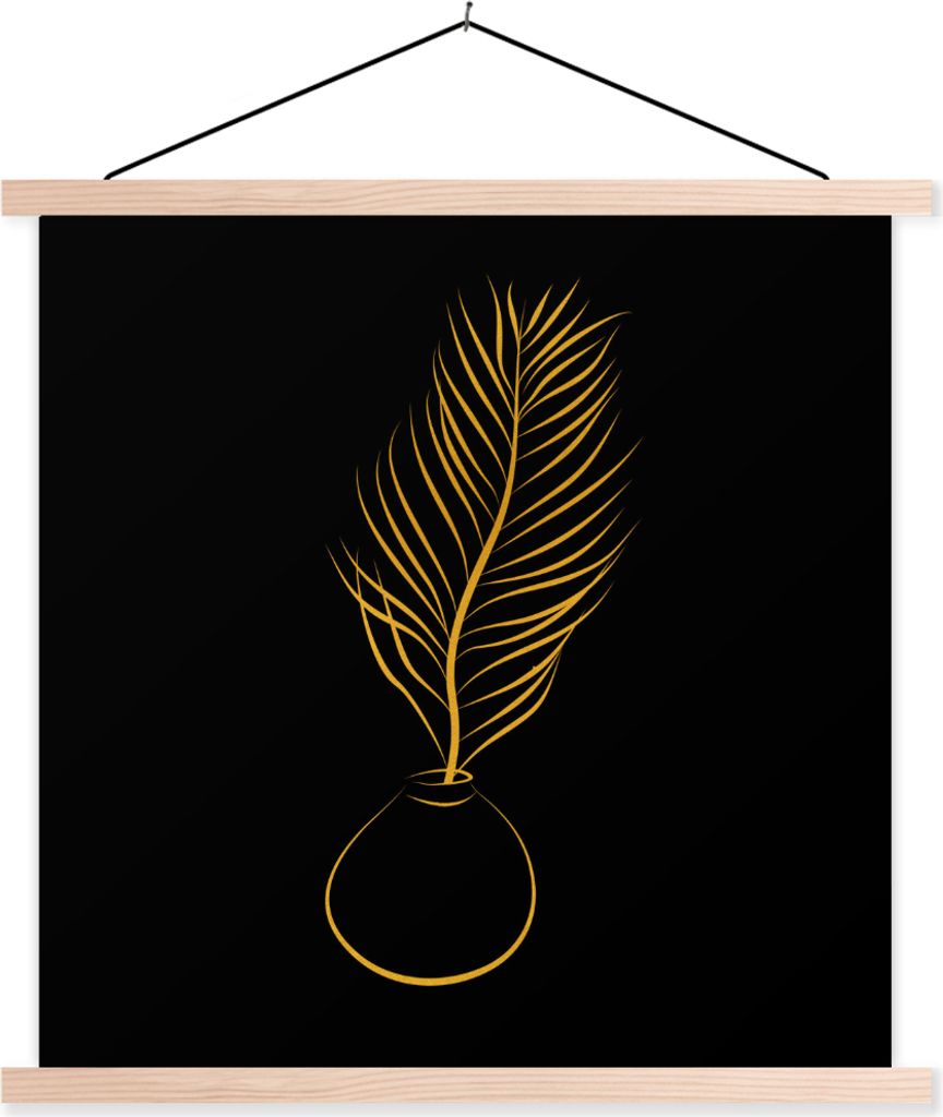 MuchoWow Textilposter Pflanze - Gold - Schwarz - Strichzeichnung 40x40 cm mit holzfarbenen Rahmen - Posterleiste