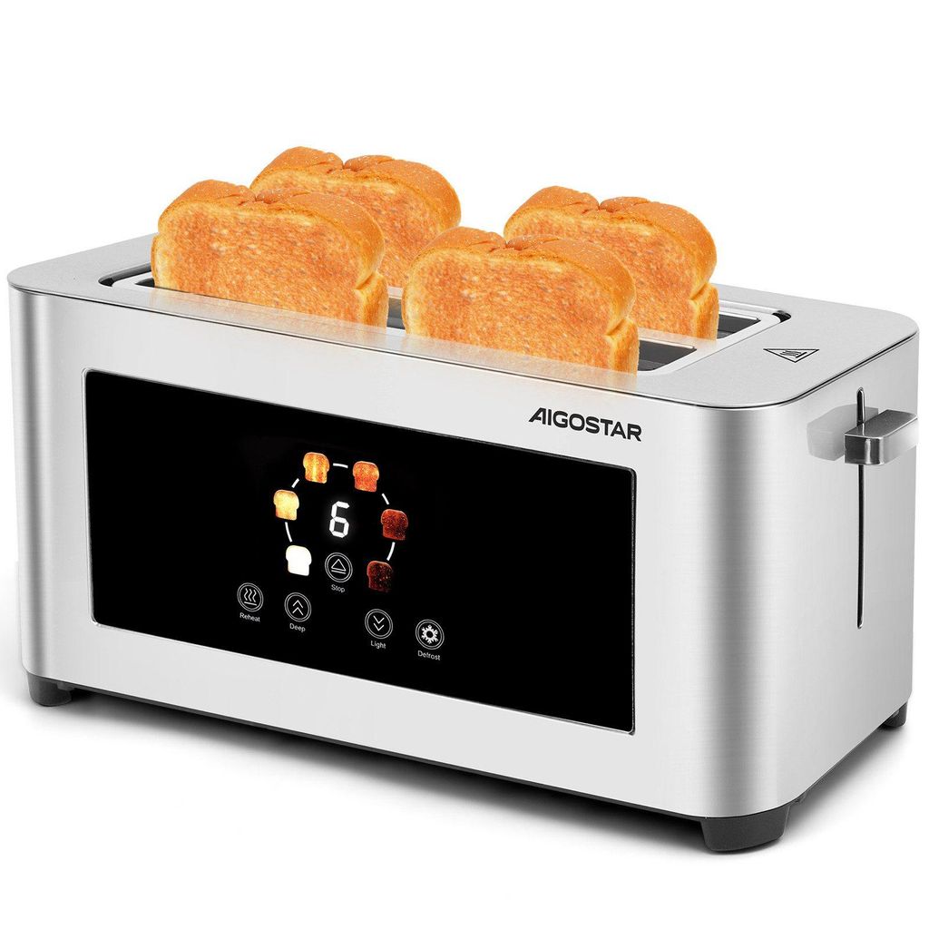 Aigostar Toaster 2/4 Scheiben, 6 Bräunungsstufen, LED-Touchscreen, Toaster Langschlitz , 2 lange Schlitze, 1400 W Brotzentrierung, Edelstahl