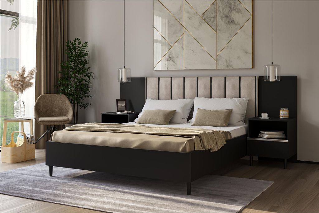 Polsterbett mit Holzrahmen FORMA 160 cm Schwarzes Bett mit gepolstertem Kopfteil und Bettkasten Bett mit Holzlattenrost, Breite: 160 cm, Stoff: Jas...