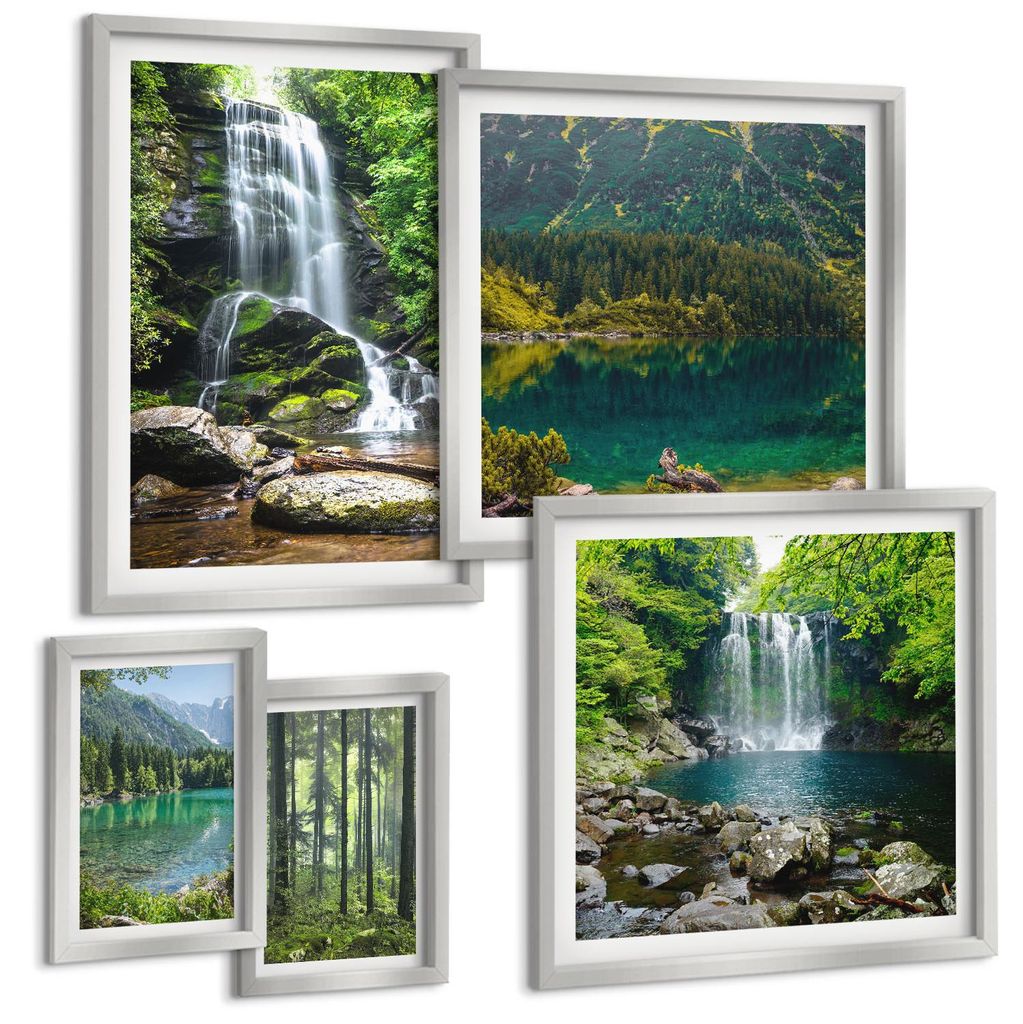 Bilder Set 5-teilig im silbergerahmten Rahmen – Wandbilder 5 Stück – gerahmte Poster für Wohnzimmer, Schlafzimmer und Flur – 50x50 cm - 40x...