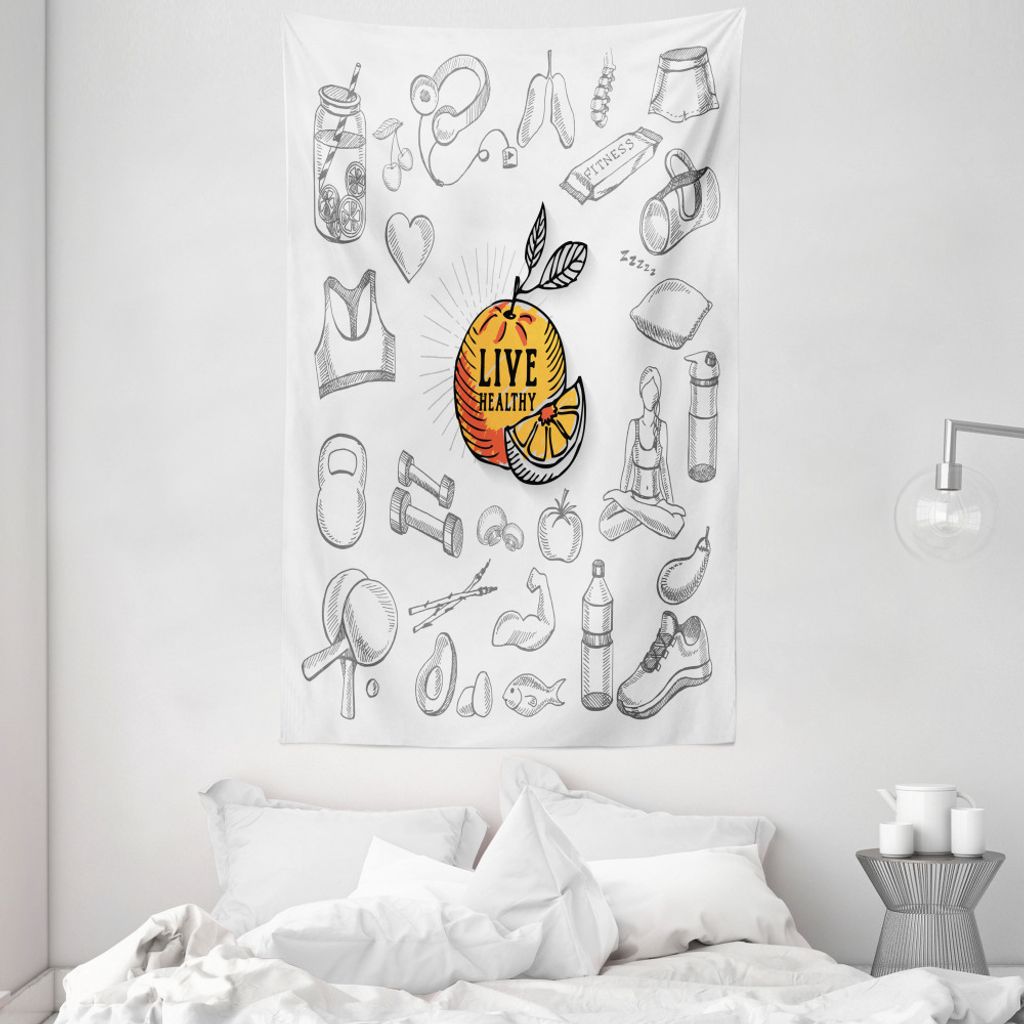 ABAKUHAUS Fitness Wandteppich und Tagesdecke, Live Healthy Theme aus Weiches Mikrofaser Stoff Waschbar ohne Verblassen Digitaldruck, 140 x 230 cm, ...