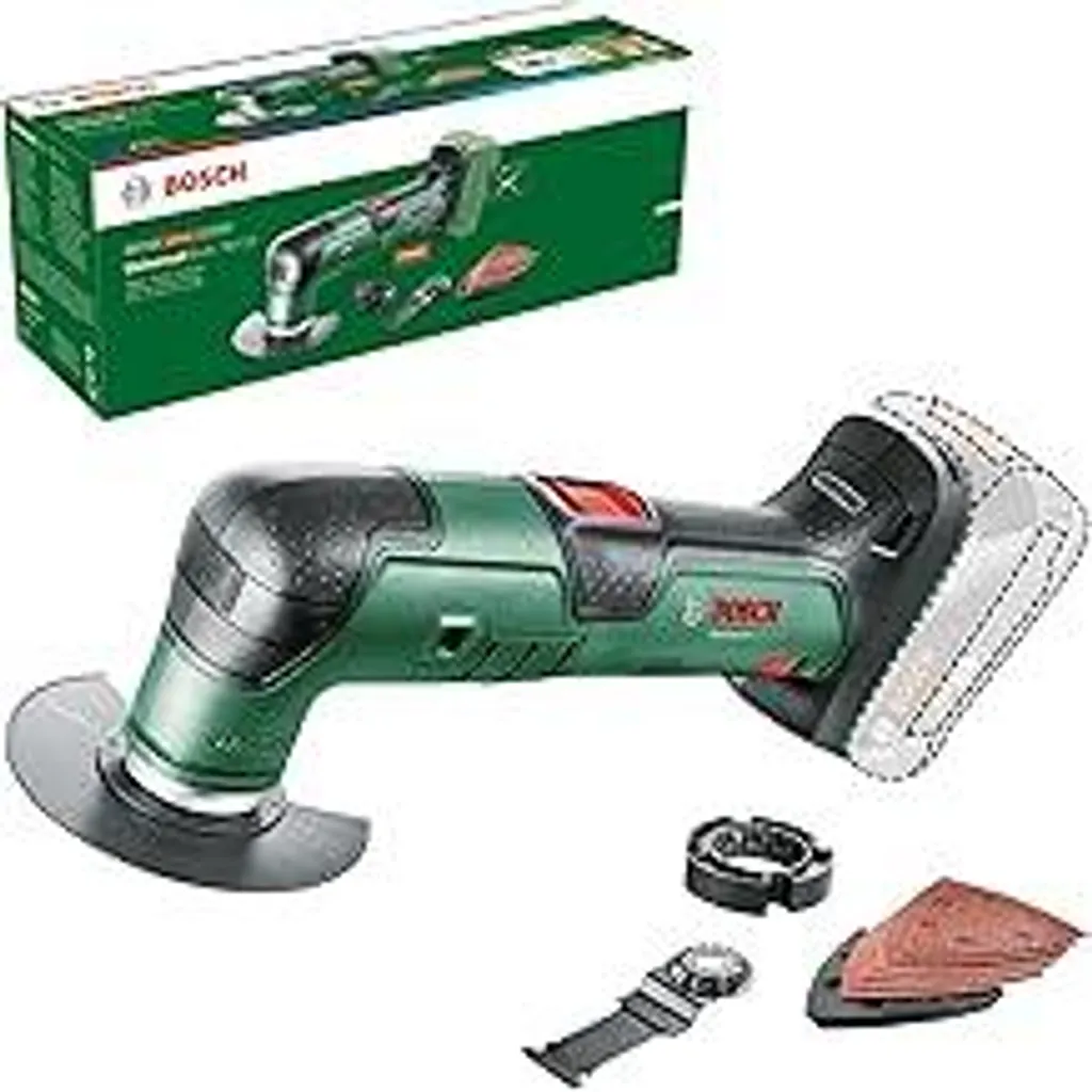 Utensile multifunzione a batteria Bosch UniversalMulti 18V-32 (per segare, tagliare, levigare, 1x lama segmentata, 1x lama a immersione, 1x piastra di levigatura, 6x fogli abrasivi, 1x battuta di profondità, senza batteria)