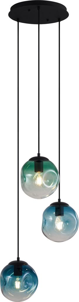 QAZQA - Art Deco Art-Deco-Hängeleuchte schwarz mit blauem und grünem Glas 3-flammig - Douglass I Wohnzimmer I Schlafzimmer - Kugel I Kugelförmig...