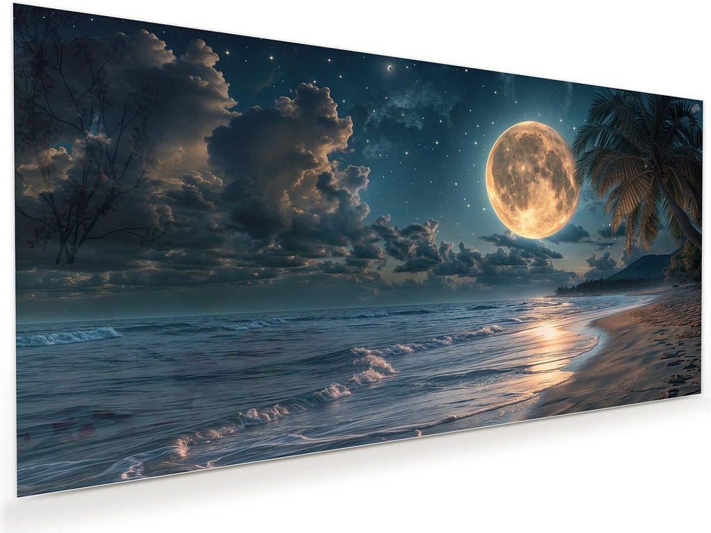 Glasbild 110x55cm in XXL für Wohnzimmer, Schlafzimmer Motiv Mondnacht am Strand