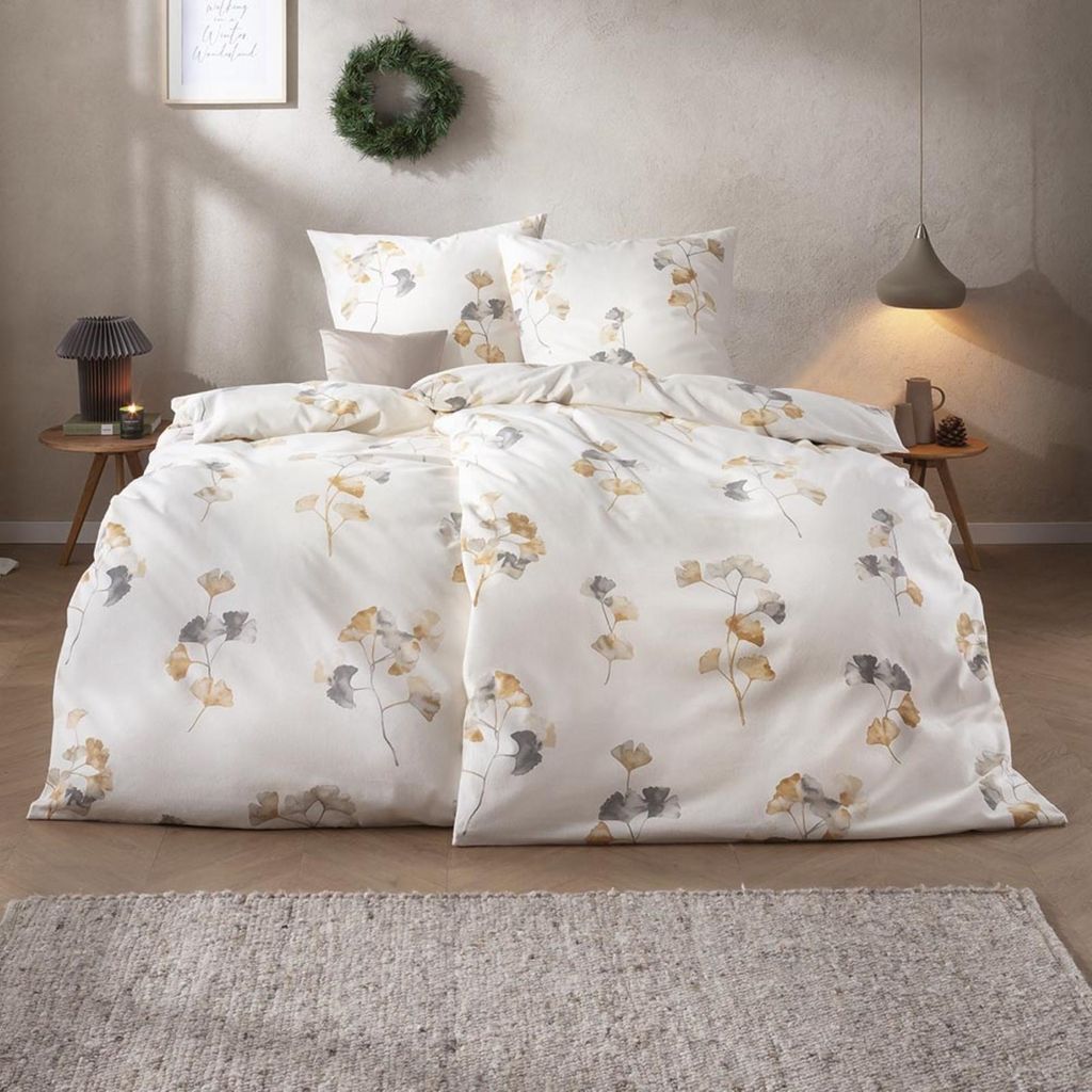Estella Samt + Seide Flanell Bettwäsche 155x220 Velturno natur Gingko 5471-230