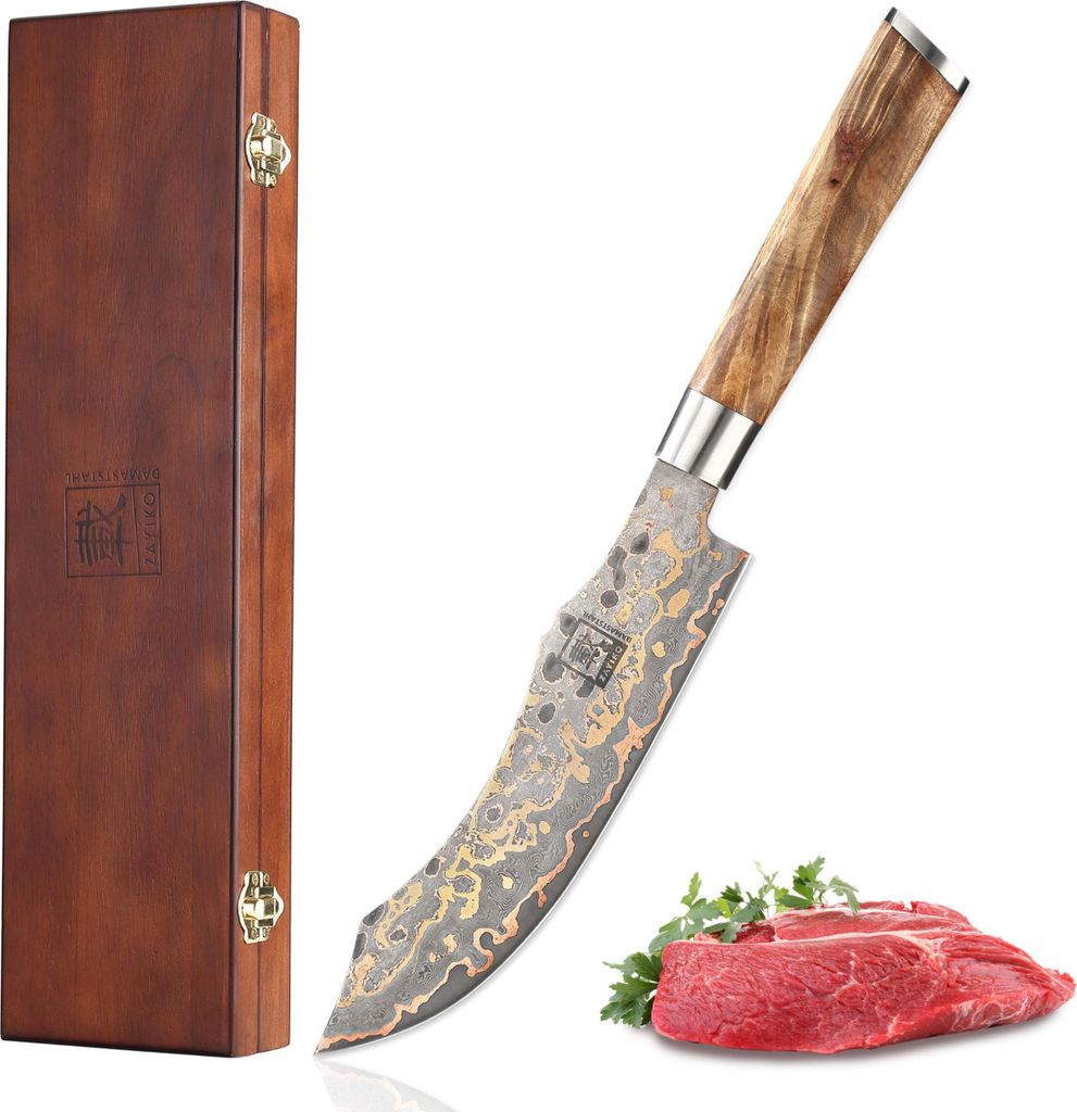 MysticMagma Scimitar Blockmesser I 19 cm Klinge aus 67 Lagen Damaststahl mit Kupfer- und Bronze-Einlage I DualCurve Griff aus Ahornwurzelholz I Hol...