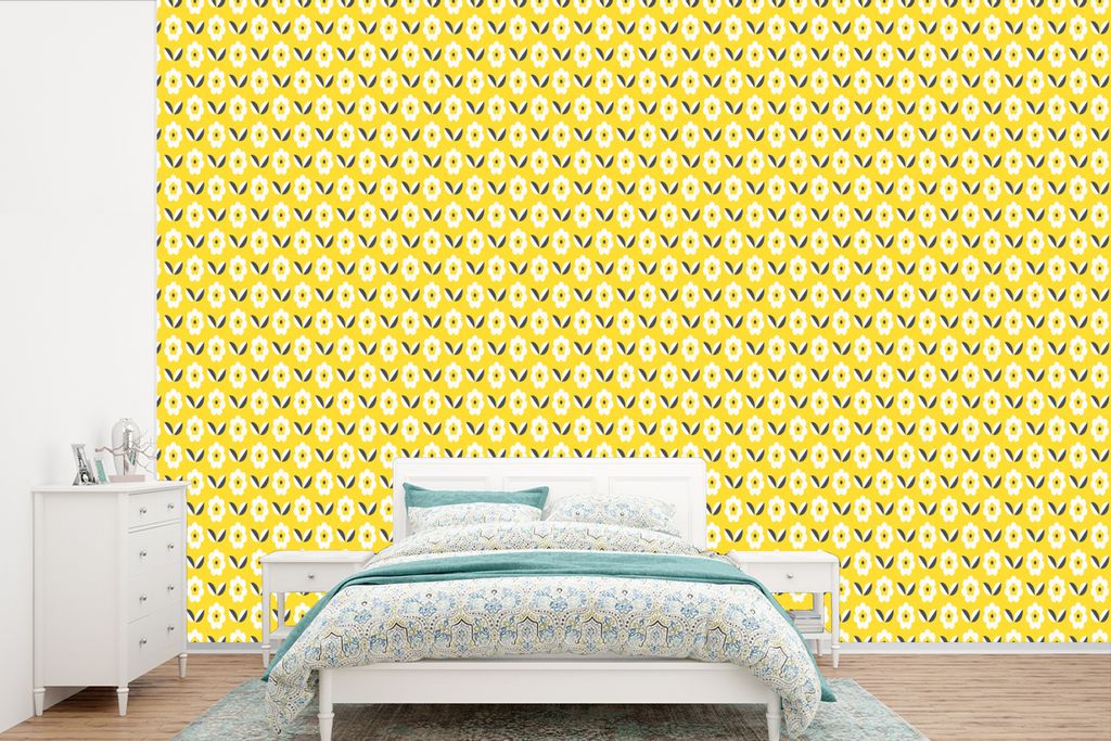 MuchoWow Fototapete für Wohnzimmer oder Schlafzimmer Wandtapete Vinyl Motivtapete Blume - Gelb - Muster - Sommer - 360x240 cm - Vinyl-Tapete
