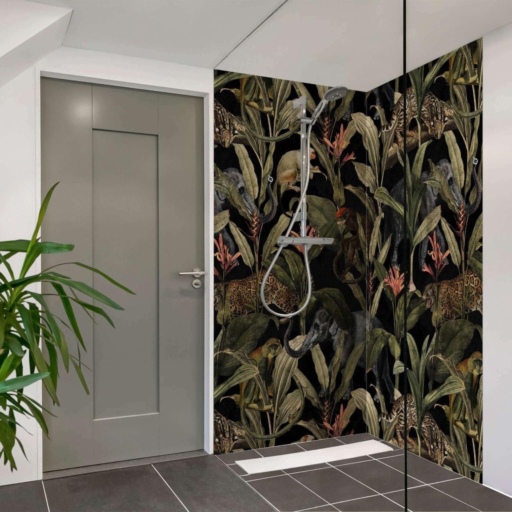 Duschrückwand Tiere selbstklebend - 0.35 mm Wandpaneel wasserfest Elefant grün Illustration Badrückwand fugenlos Smart matt 100x200 cm