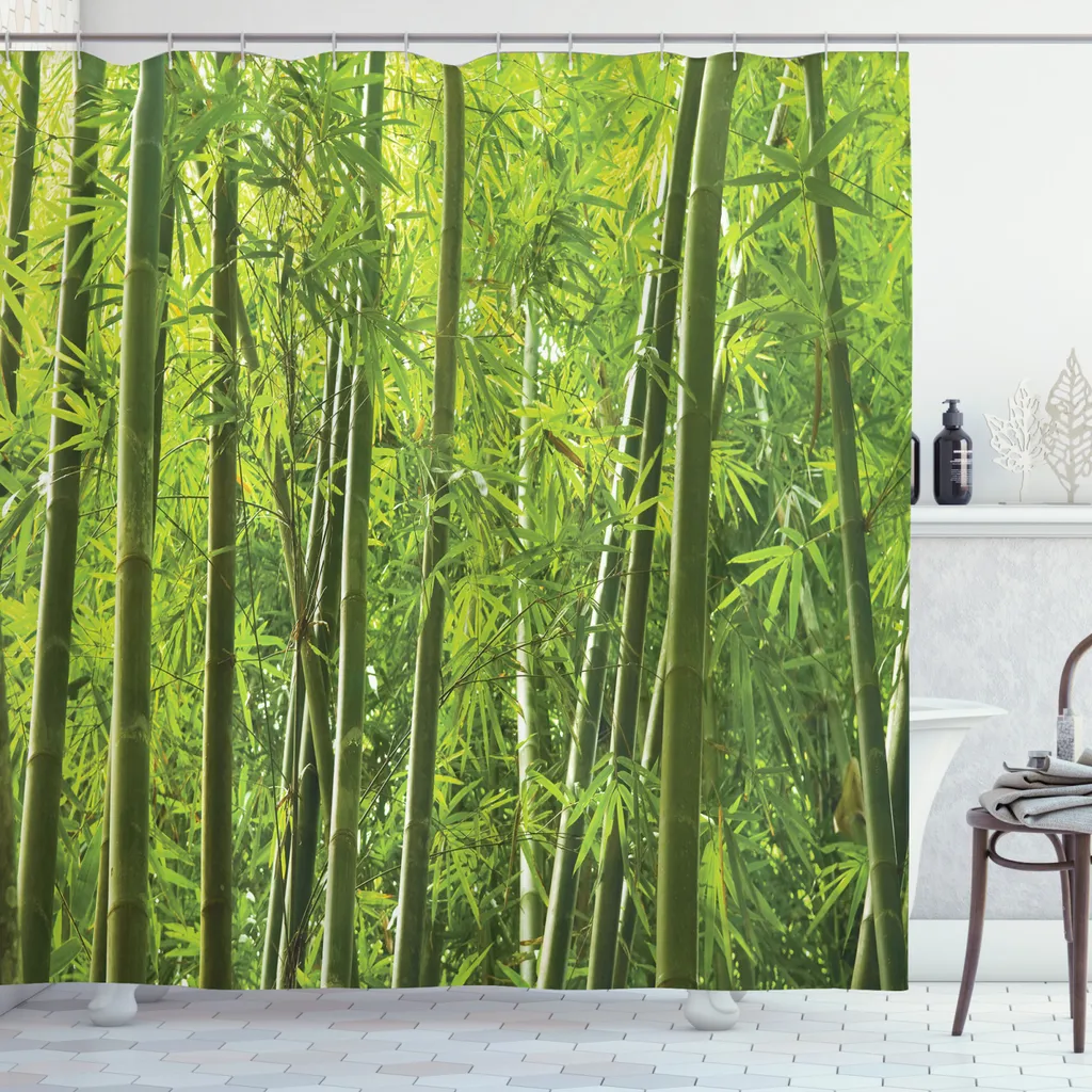 ABAKUHAUS Tenda da doccia verde, bambù tropicale esotico, impermeabile, inclusi 12 anelli, resistente a batteri e muffe, 175 x 200 cm, verde