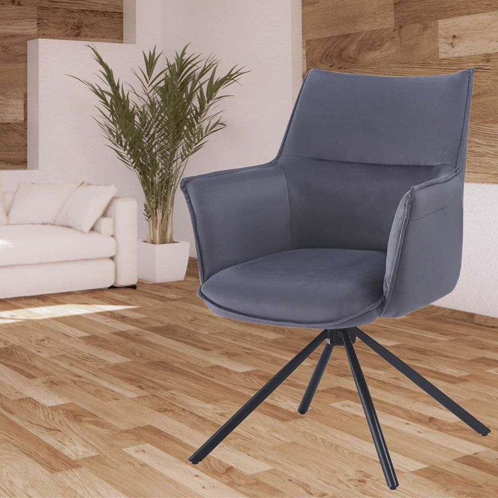 Drehbarer Design Stuhl AURELIA dunkel-grau Samt Metallgestell 360°