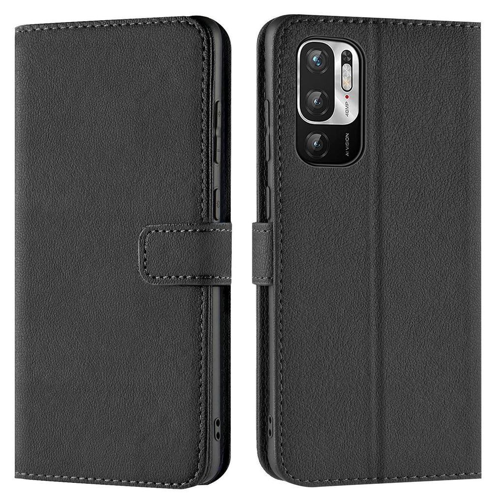 A black flip case for a smartphone is shown, open to reveal the phone inside.
