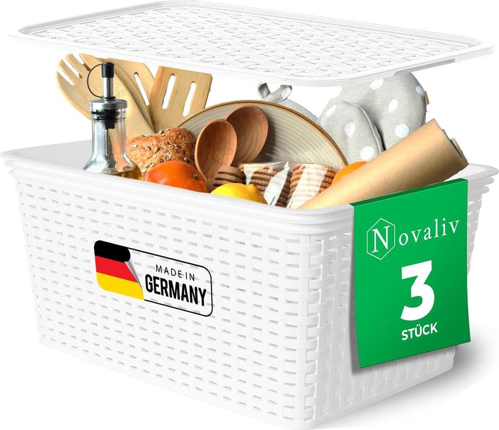 Novaliv 3er Set Aufbewahrungsbox mit Deckel Küche 14L Weiß Kunststoff Rattan-Optik Küche Aufbewahrung & Organisation BPA-Freie Schrank Organizer...
