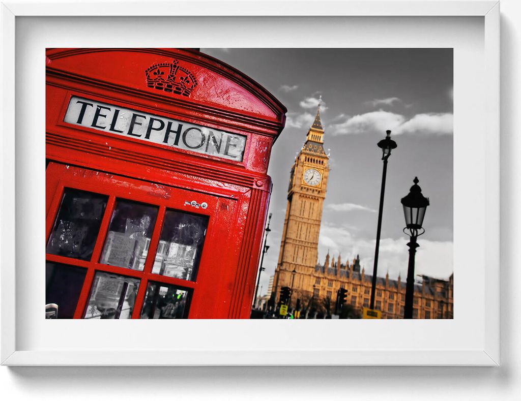 Telefonzelle und Big Ben - England– Wandbild mit Rahmen – Gerahmtes Bild – Wanddekoration – 70x50 cm – Weiß Rahmen
