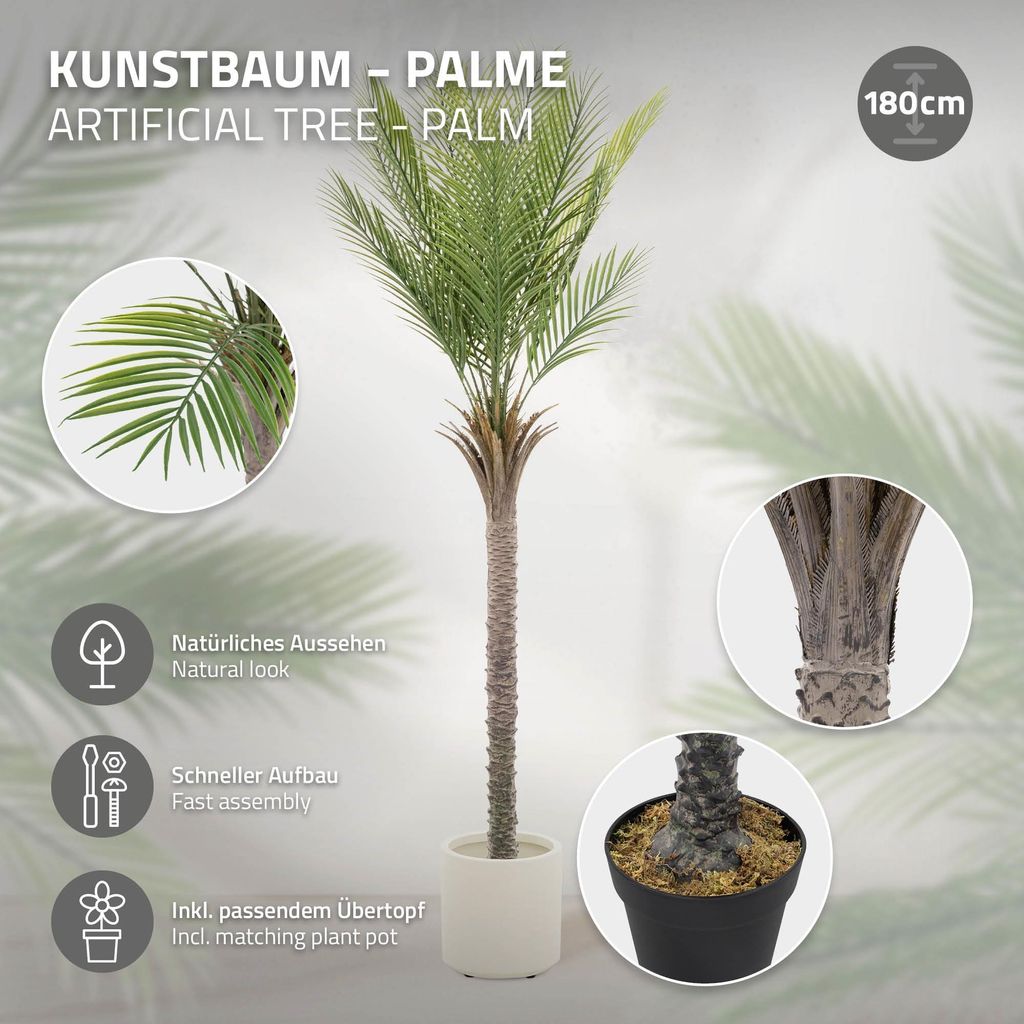 ML-Design Künstliche Palme 180 cm, Tropische Kunstpalme