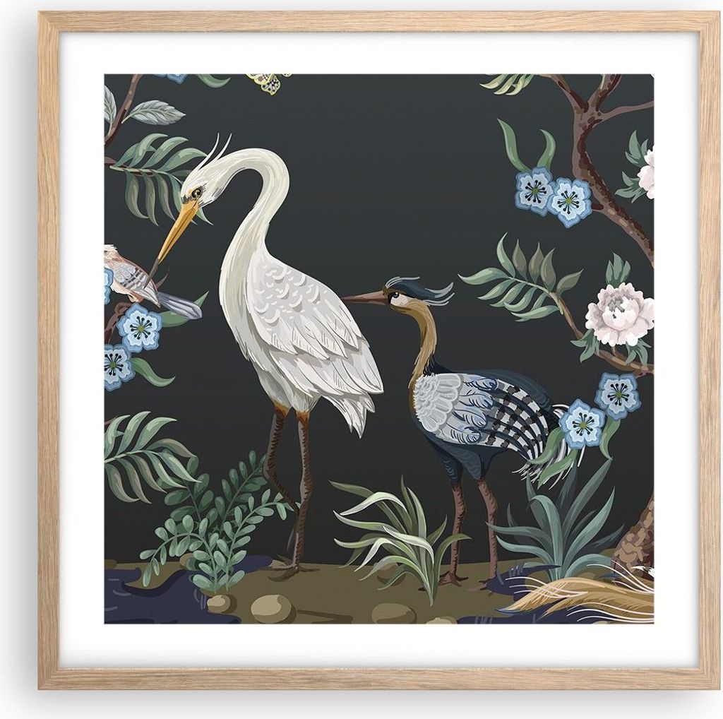 Gerahmtes Poster - Rahmen in heller Eiche - Asiatisch Reiher Blumen - 50x50 cm - Wand Bild - Wanddeko - Wandbilder - Kunstposter - Wandposter - Bil...