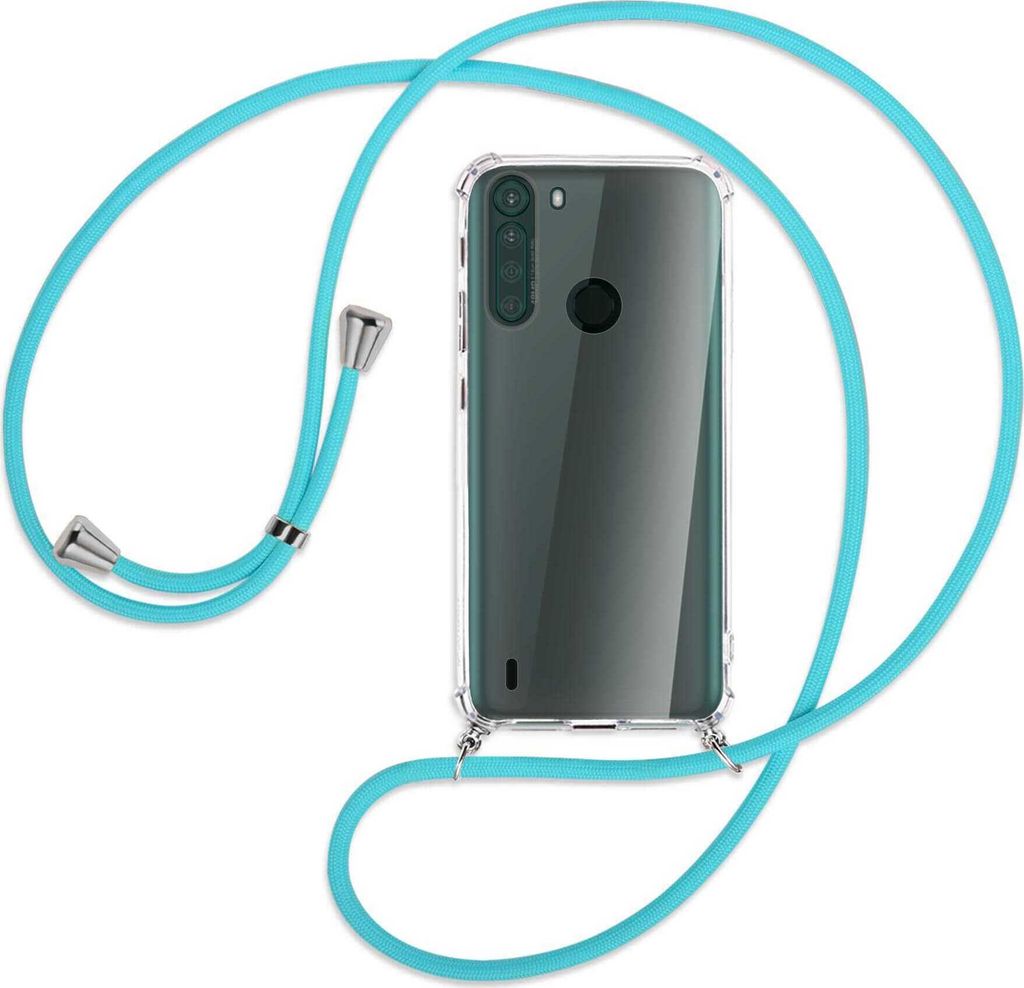 Handykette Backcover-Schutzhülle mit Band (Metall silberfarben) für Motorola One Fusion - türkis
