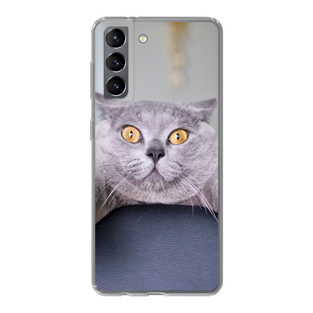 MuchoWow Handyhülle Schutzhülle Hülle für Samsung Galaxy S21 Katze - Angst - Stuhl Silikon Softcase Handy Hülle - Softcase