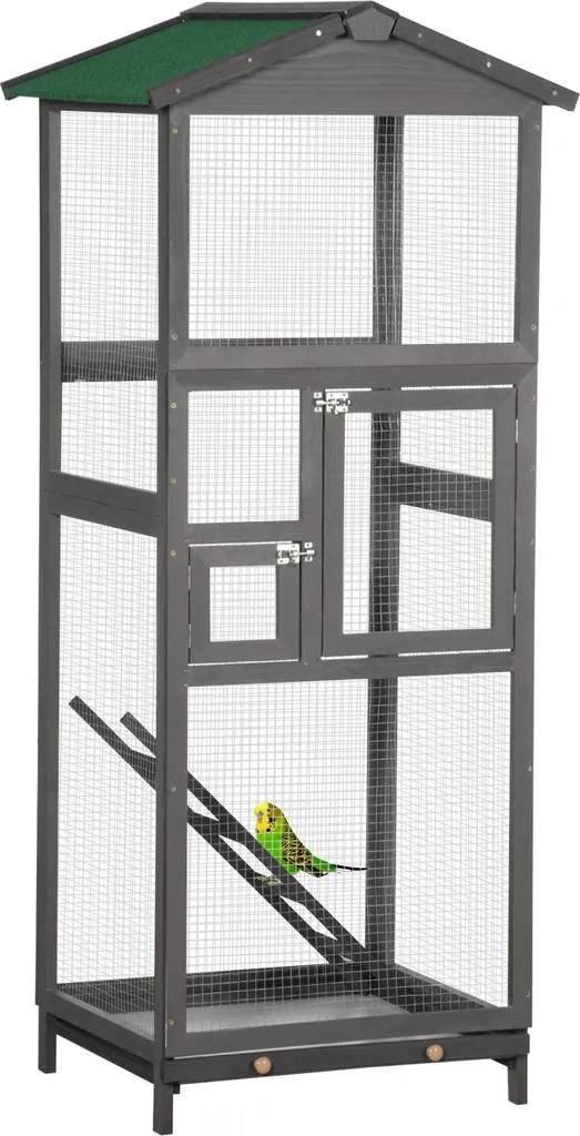 Cage oiseaux pour jardin en bois gris et toit bitumé 165cm de hauteur