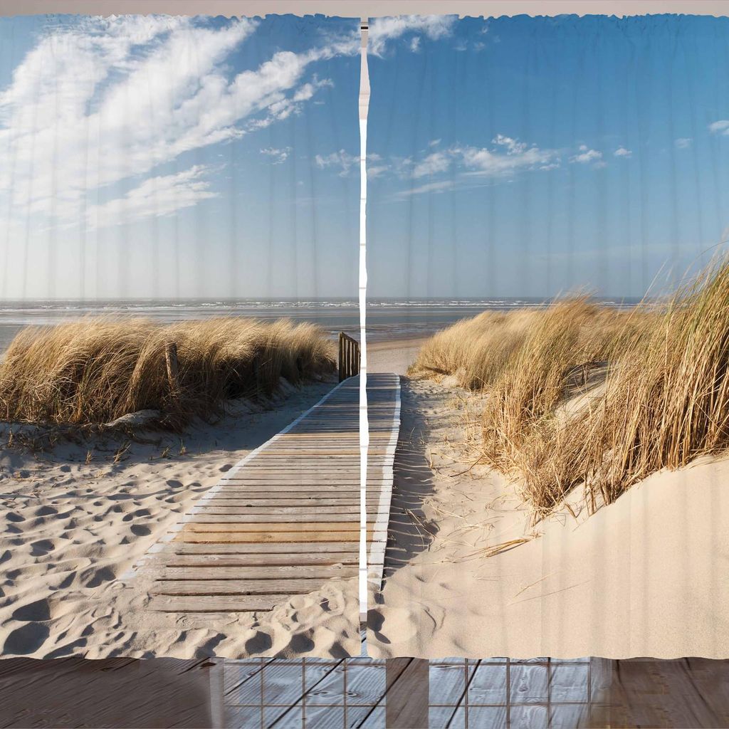 ARANDE europäisch Gardine, Fußweg Sunny Day Windy Wetter europäischen Strand Gras Deutschland Landschaft, 280 x 225 cm, Blau Sand Braun Himmelblau