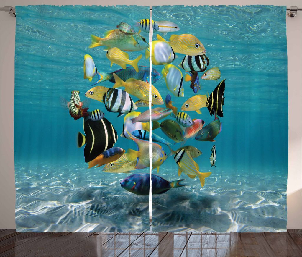 ABAKUHAUS Fisch Rustikaler Gardine, Masse der Fische Unterwasser, Schlafzimmer Kräuselband Vorhang mit Schlaufen und Haken, 280 x 175 cm, Mehrfarbig