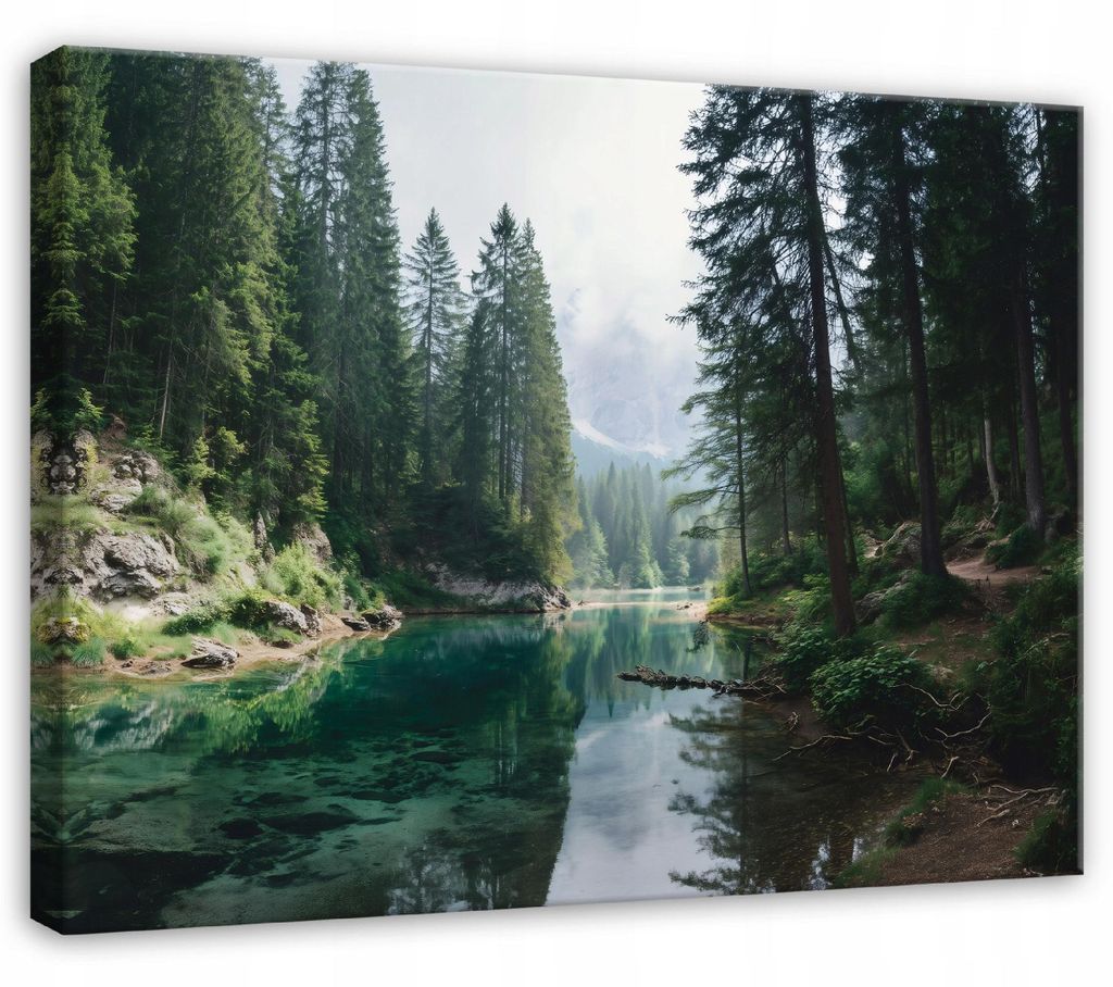 Leinwandbild Wald Fluss Natur - 60x40 cm - Wandbilder Wohnzimmer Schlafzimmer - Leinwand Leinwandbild Grün - PP16038O4