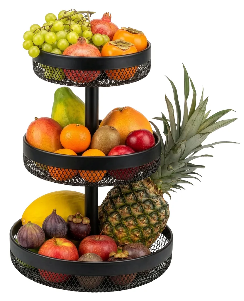 Coupe à fruits design et corbeille à pain 3 niveaux en métal noir mat