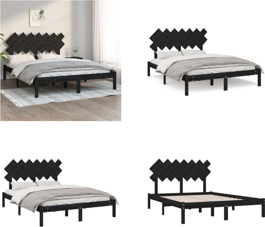 vidaXL Massivholzbett Schwarz 140x190 cm - Bettrahmen - Bettgestell - Bett - Holzbett
