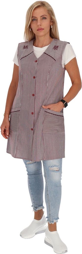 7/8 Kasack Baumwolle gestreift Schürze kurz ohne Arm Kochschürze Kittelschürze, Farbe:bordeaux - mit Stickerei, Größe:34