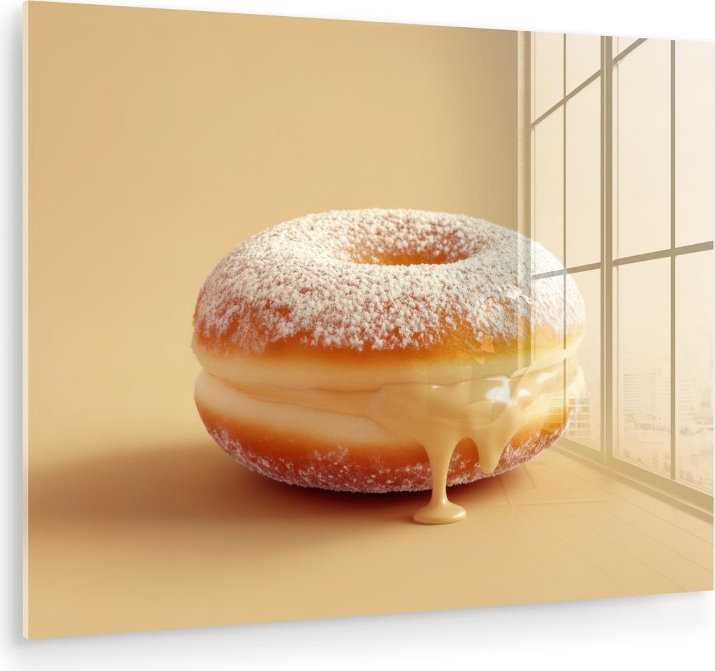 MuchoWow Glasbilder - Bilder auf Wandbild - Foto auf Glas Donut - Cremig - Puderzucker - Beige 80x60 cm Wanddekoration aus Glas - Acrylglasbild - A...