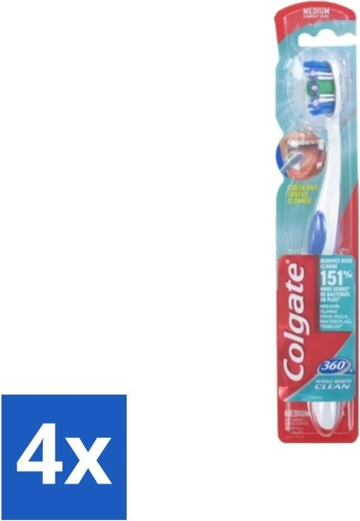 Spazzolino Colgate 360° Whole Mouth Clean Medio Bianco/Blu - Confezione risparmio - 4 pezzi