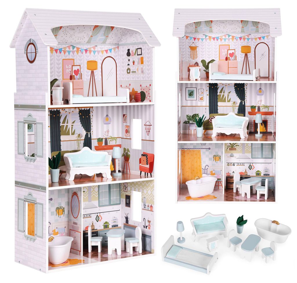 Alice-Puppenhaus, 3 Etagen, 4 Räume, Set mit 9 Möbelstücken von ECOTOYS