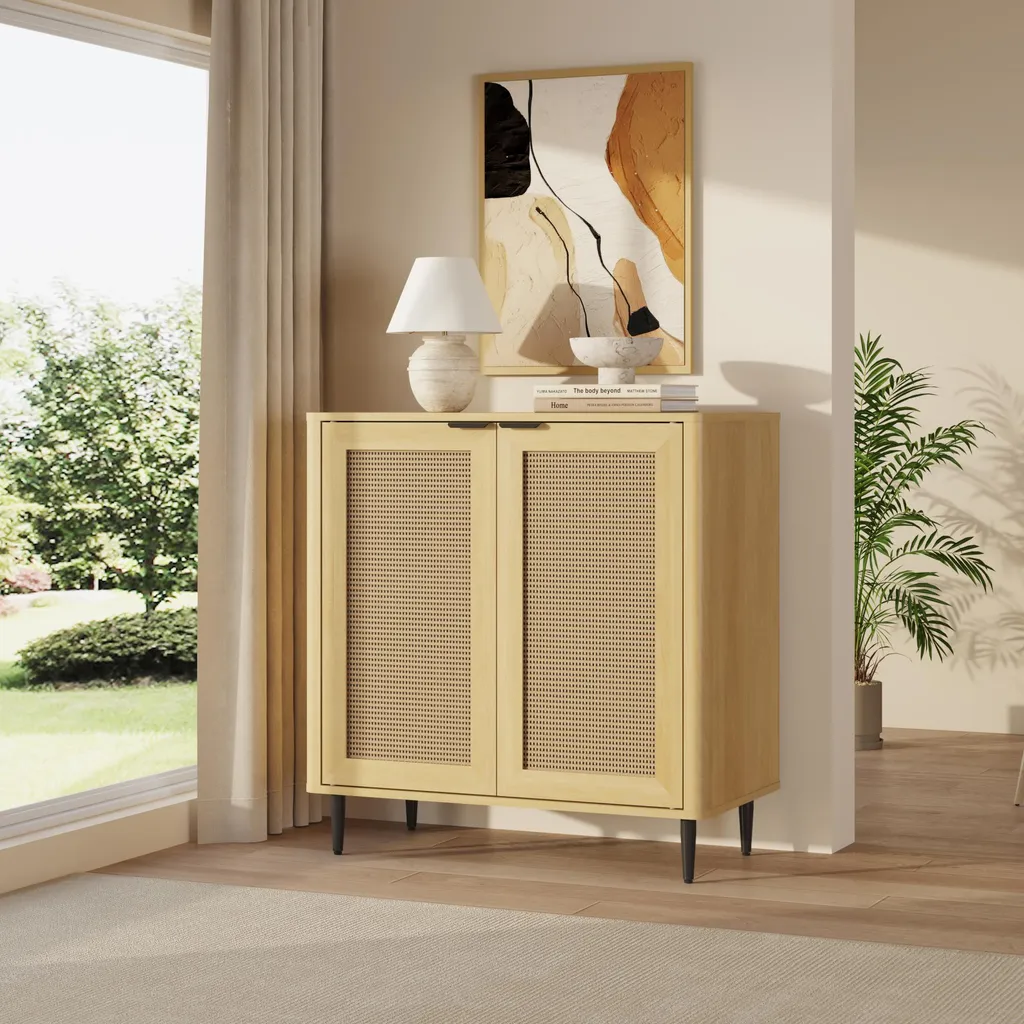 Buffet Lukhomso 83x80x40 cm aspect chêne et rotin - Meuble de rangement