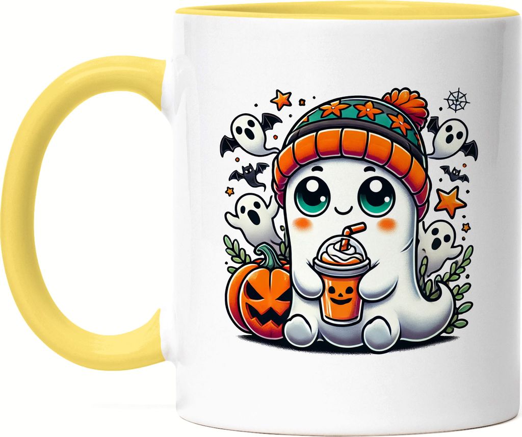 Süßes Geister-Design Tasse gelb Halloween Kürbis Herbst Geist niedlich