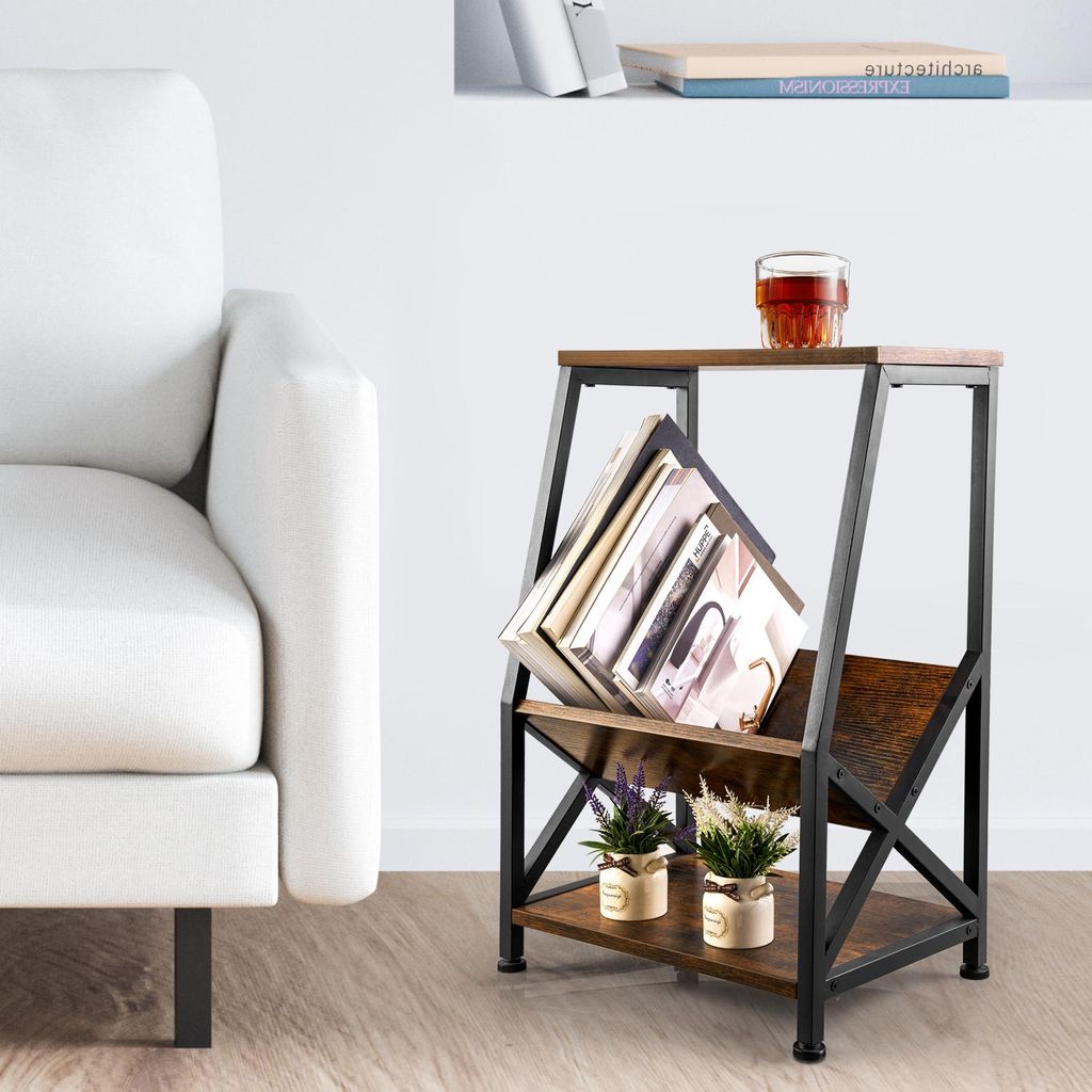 Heilmetz Nachttisch mit Bücherregal, Beistelltisch Vintage Holz Metallgestell, Couchtisch mit Ablage, Sofatisch für Wohnzimmer Schlafzimmer