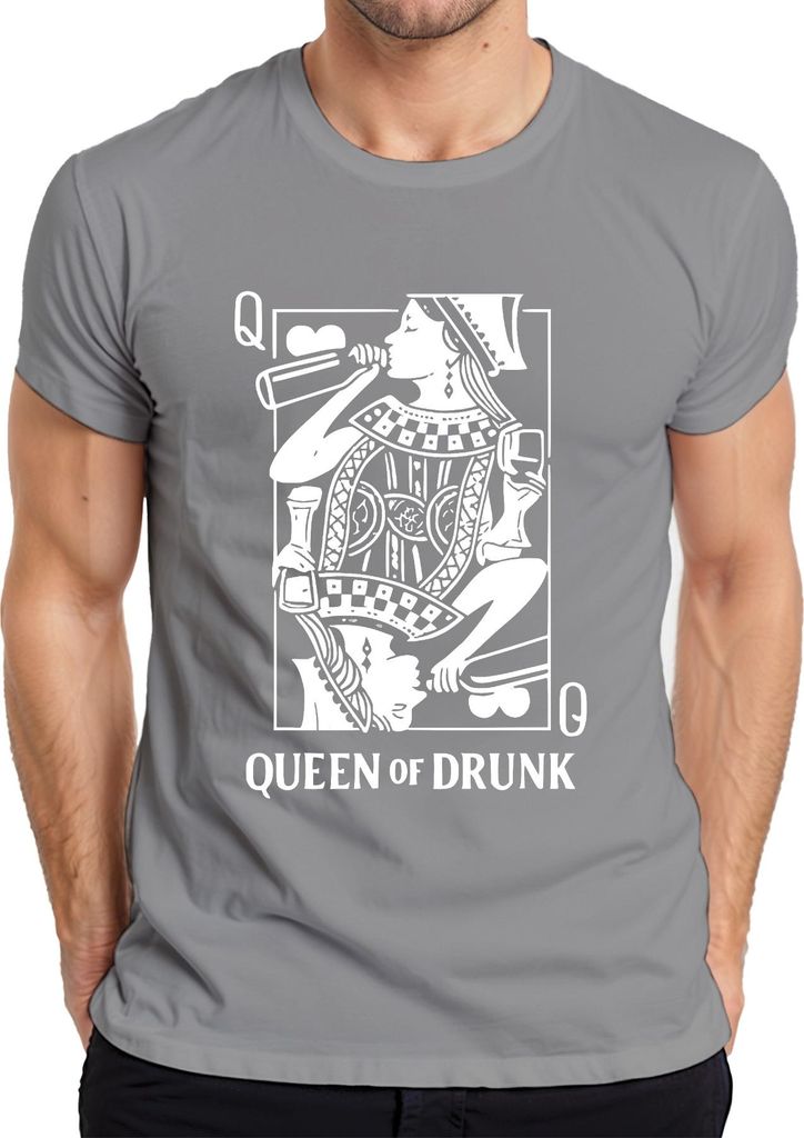 Queen of Drunk Saufkönigin Weinliebhaberin Spielkarte Cocktail Herren T-Shirt, Grau, M