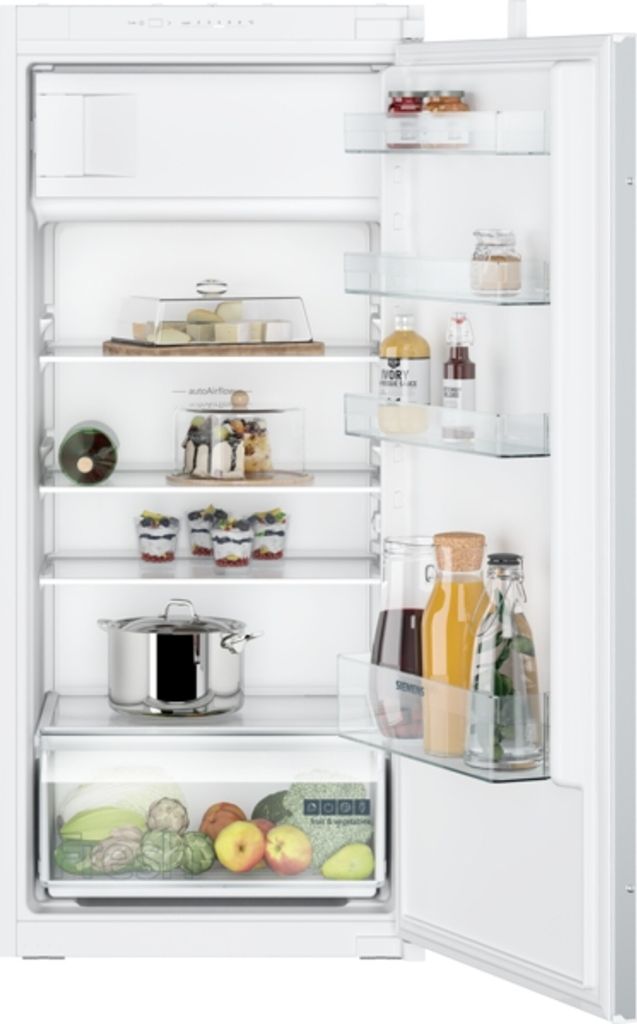 Siemens KI42LNSE0 iQ100, Einbau-Kühlschrank mit Gefrierfach, 122.5 x 56 cm, Schleppscharnier Frontansicht geöffnet