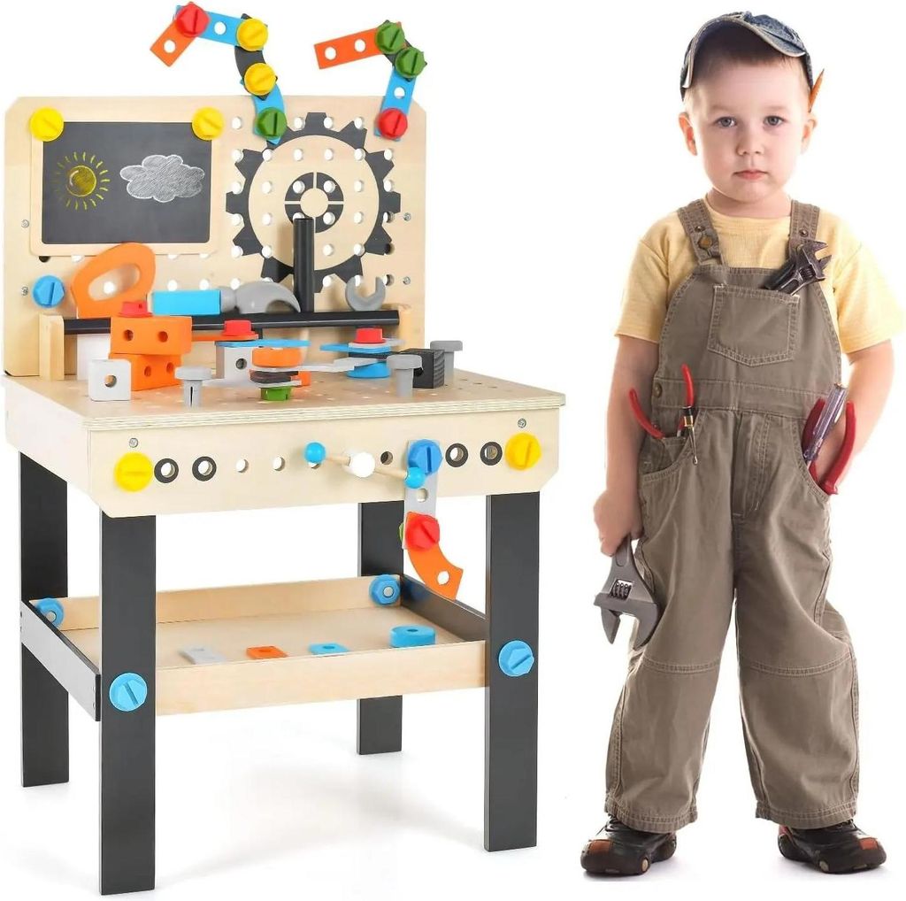 Kinder Werkbank - Spielwerkbank aus Holz - Mit Werkzeugtafel - Hängender Werkzeughalter - Inkl. Zubehör - Für 3–6 Jahre
