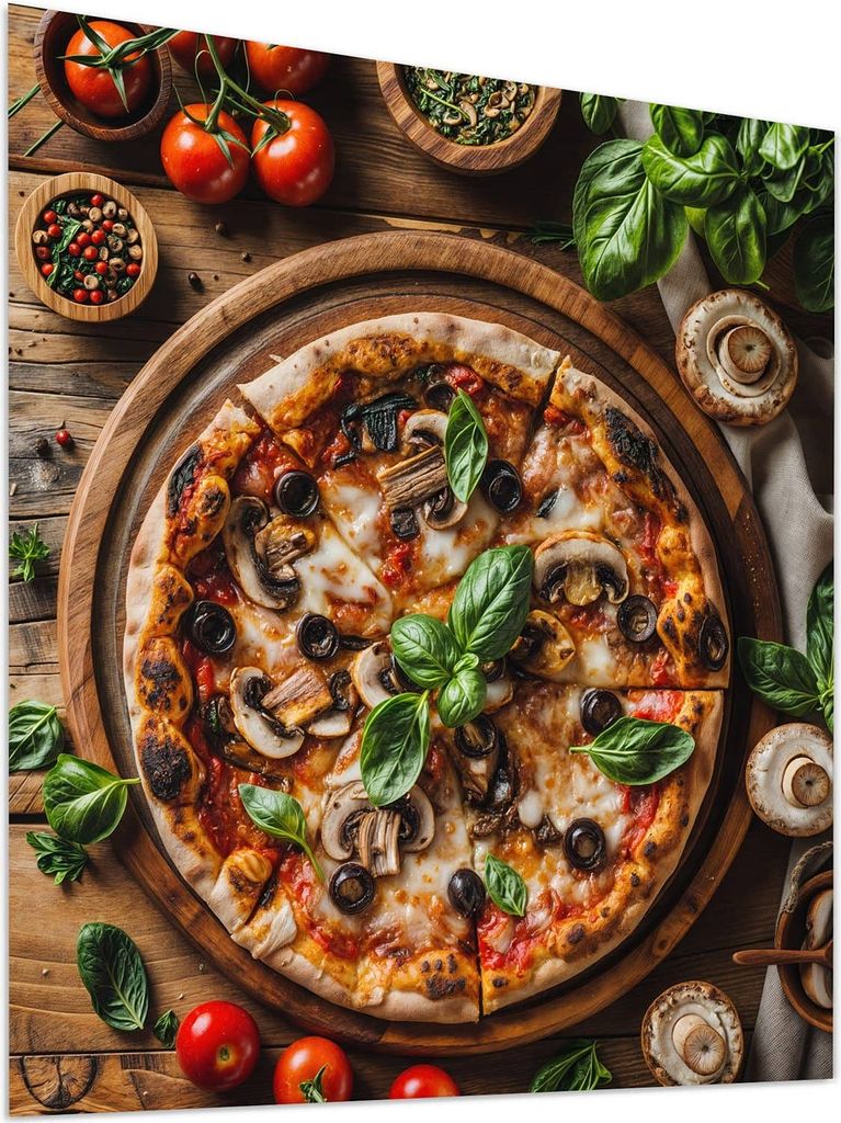 Glasbild 90x100cm in XXL für Wohnzimmer, Schlafzimmer Motiv Holztisch Pizza