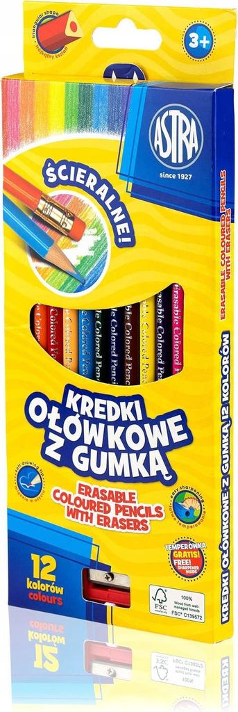 Pastelli a matita con gomma 12 colori triangolari Astra Immagine del prodotto 