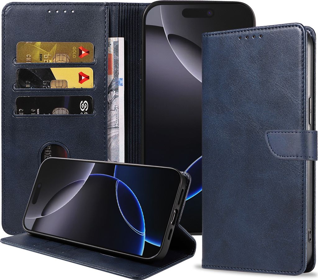 Fit für iPhone 16 Pro Max Handyhülle Kunstleder mit magnetischer Lippe und Kartenhalter Buchhülle mit Klappe - Blau - Smartphonica