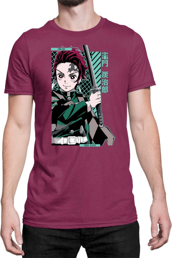 Herren T-Shirt Demon Anime Slayer Kimetsu No Yaiba Tanjiro Kamado 100, Man S / Burgundy