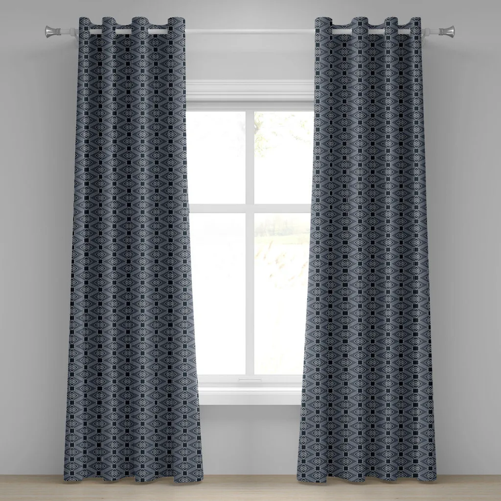 ABAKUHAUS Tenda giapponese con occhielli, motivo Diamond Line con quadrati e fiori astratti, tende decorative a 2 pannelli, 280 cm x 225 cm, grigio antracite blu scuro