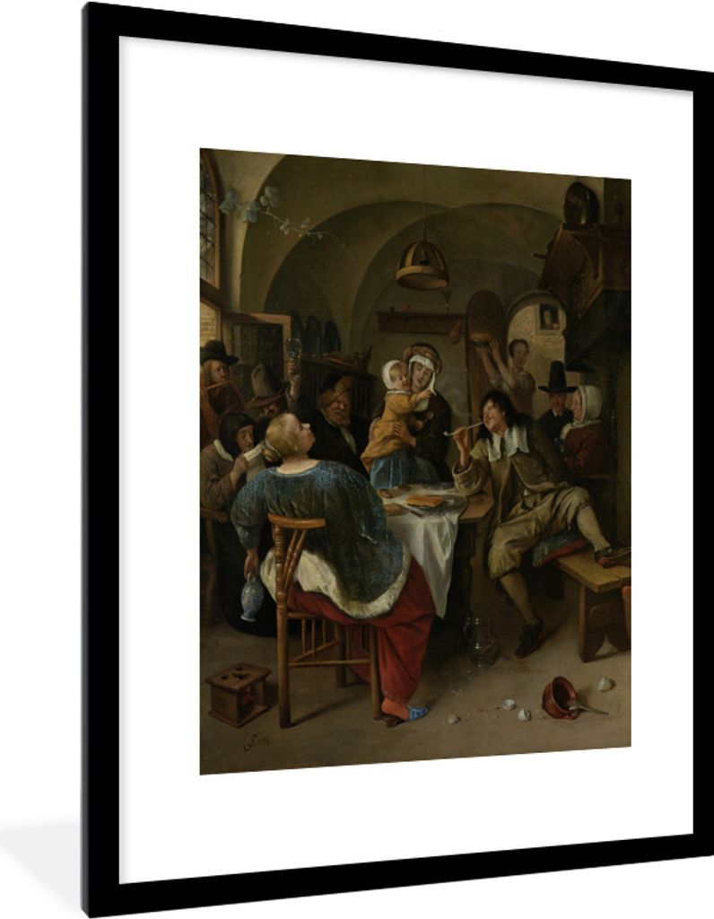 MuchoWow Gerahmtes Poster Familienszene - Jan Steen 60x80 cm - Poster mit Schwarzem Bilderrahmen Wandposter Rahmen Foto Bilder - Wohnzimmer - Dek...