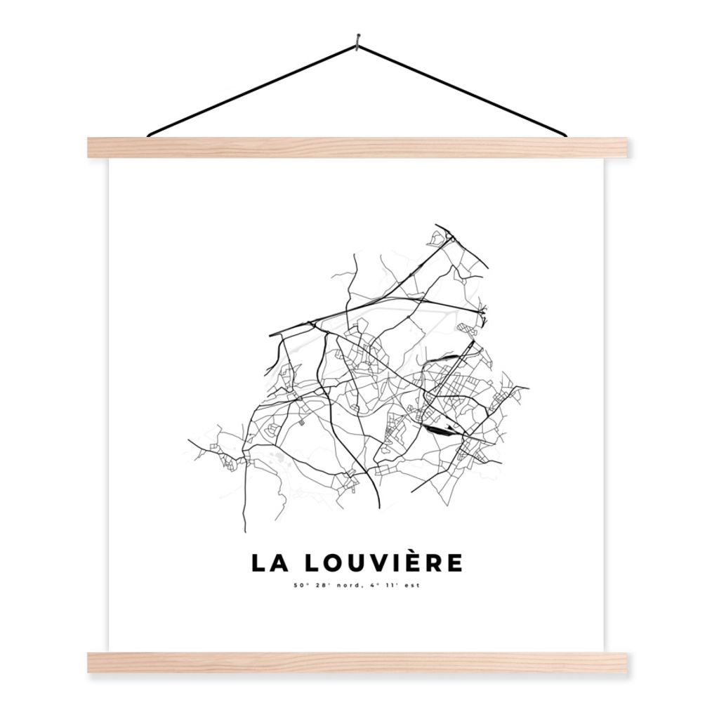MuchoWow Textilposter Karte - Belgien - La Louvière - Schwarz und weiß - Stadtplan 120x120 cm mit holzfarbenen Rahmen - Textil-Poster