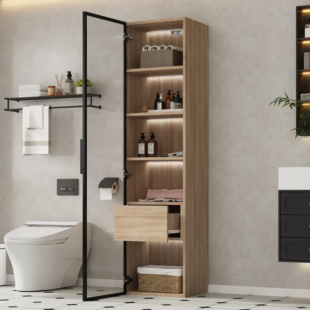Meuble de rangement 165cm bois et verre avec éclairage intégré LED